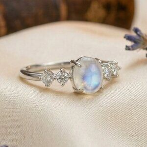 Moonstone Minimalist Ring S925 Sterling Silver Genuine Gemstone CZ Stones